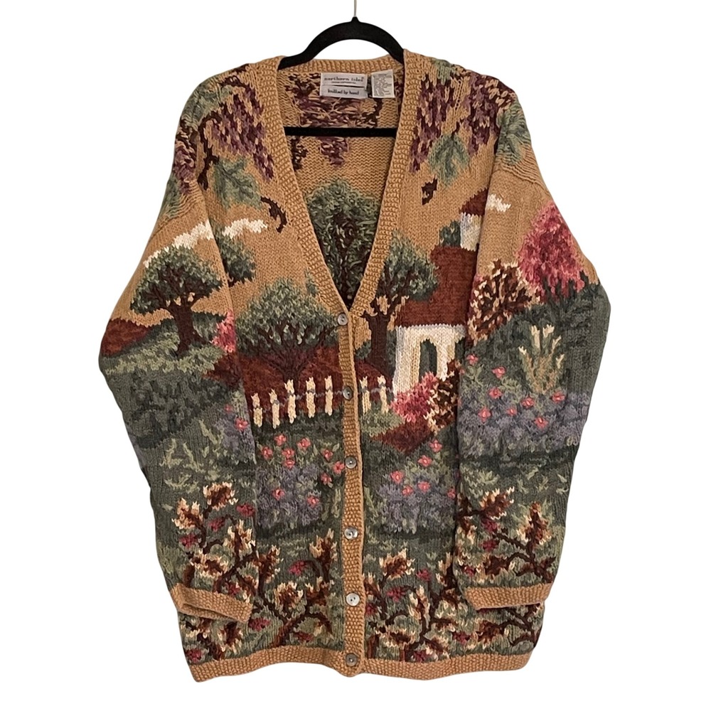 Northern Isles Vintage HandKnit Themed Cottage Landscape Scenic Cardigan Grandma